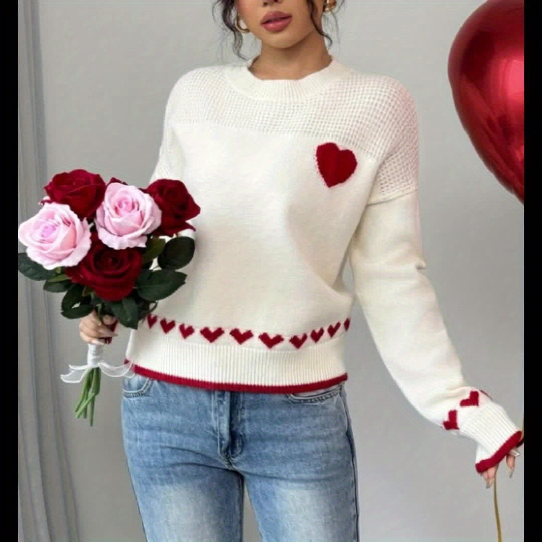 Women's Casual Heart Pattern Drop Shoulder Sweater