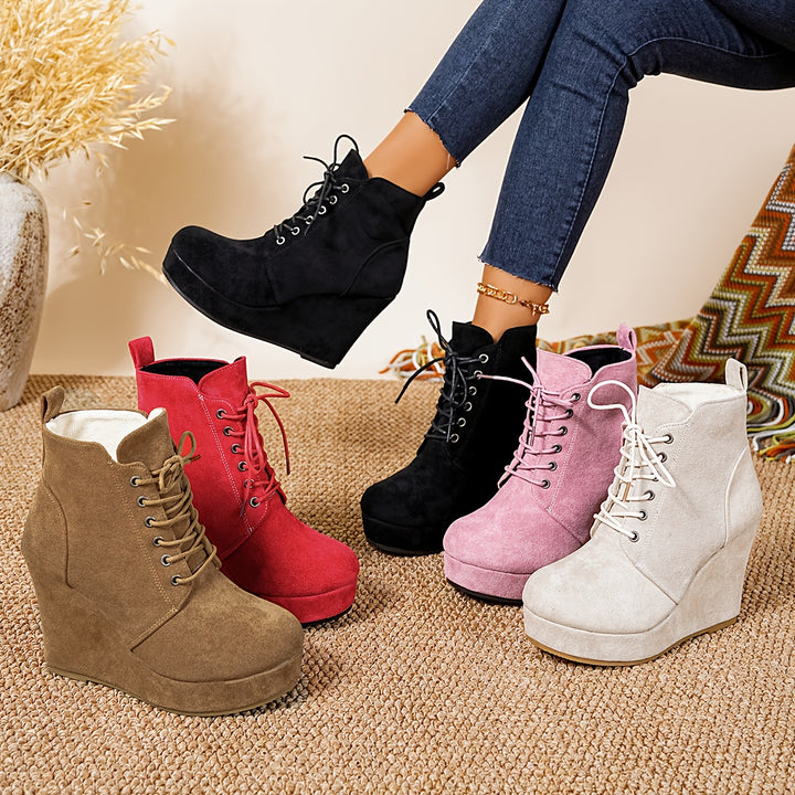 Women's Fashion Boots Round Toe Lace-Up Wedge Ankle Boots
