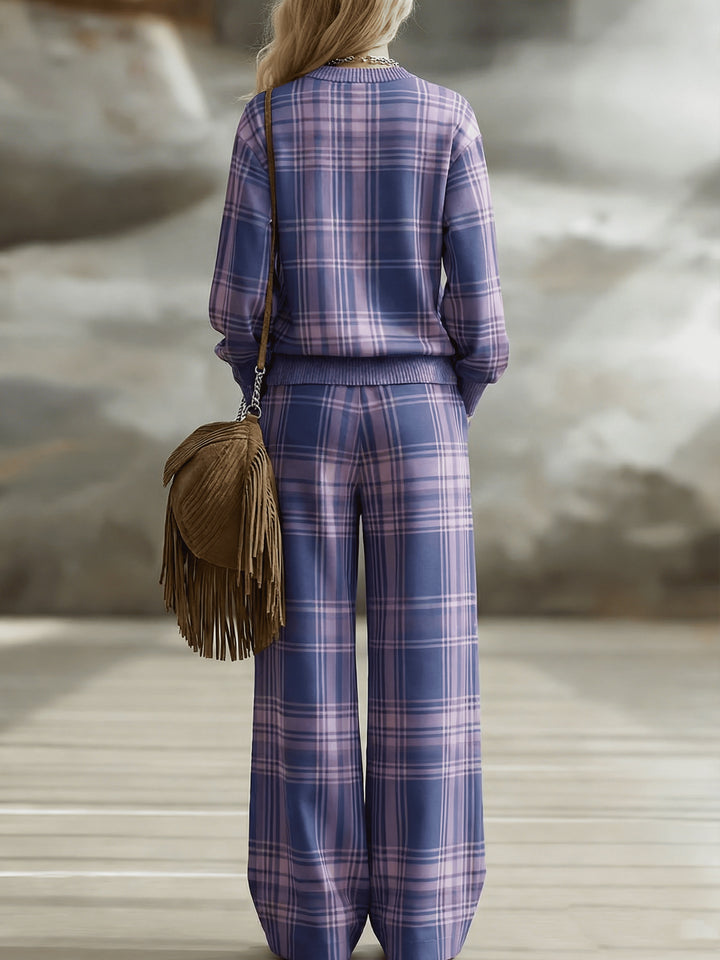 Vintage Plaid Wide-Leg Pants Set for Women