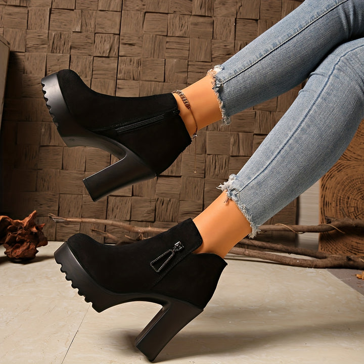 Women's Chunky Heel Round Toe Short Boots with Side Zipper and Rhinestones