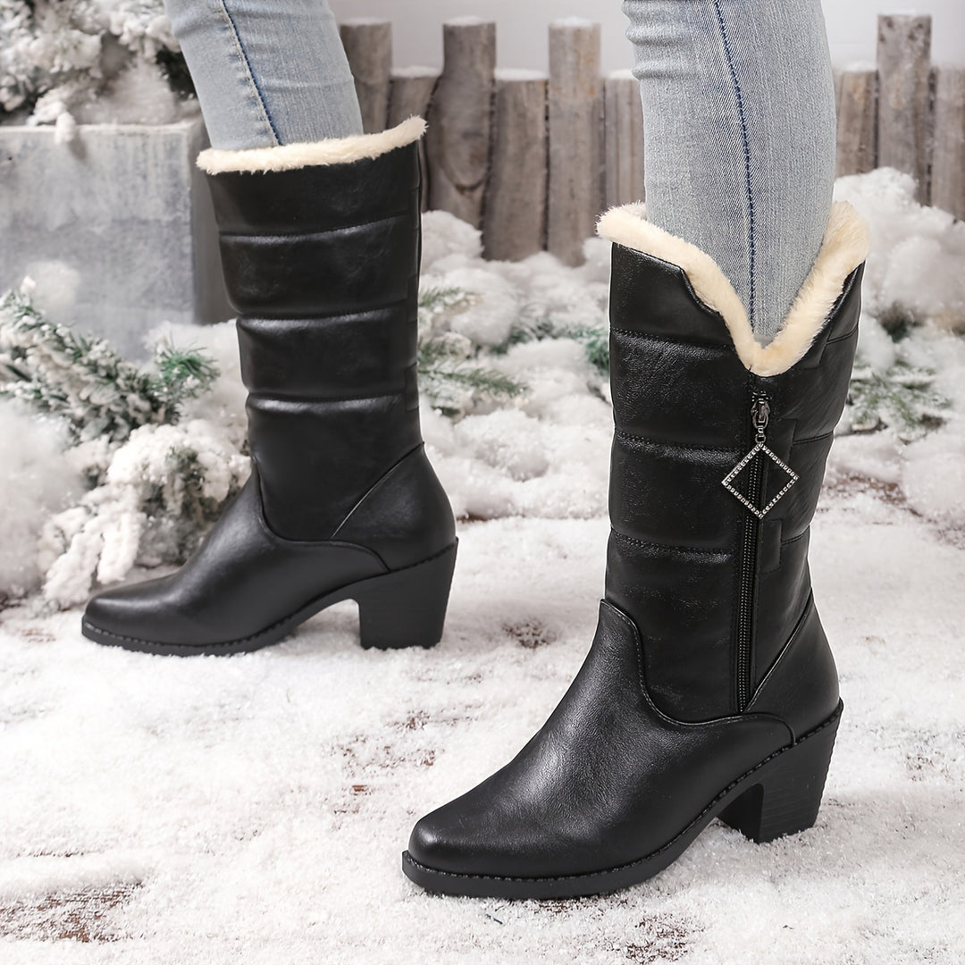 Women's Fashion Boots with Chunky Heel and Side Zipper
