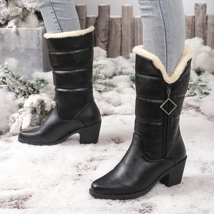 Women's Fashion Boots with Chunky Heel and Side Zipper