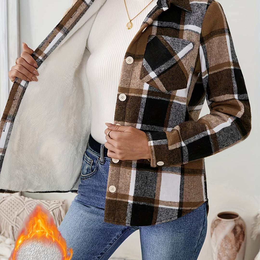 Women's Fleece-Lined Button-Up Shirt with Pockets Gingham Plaid