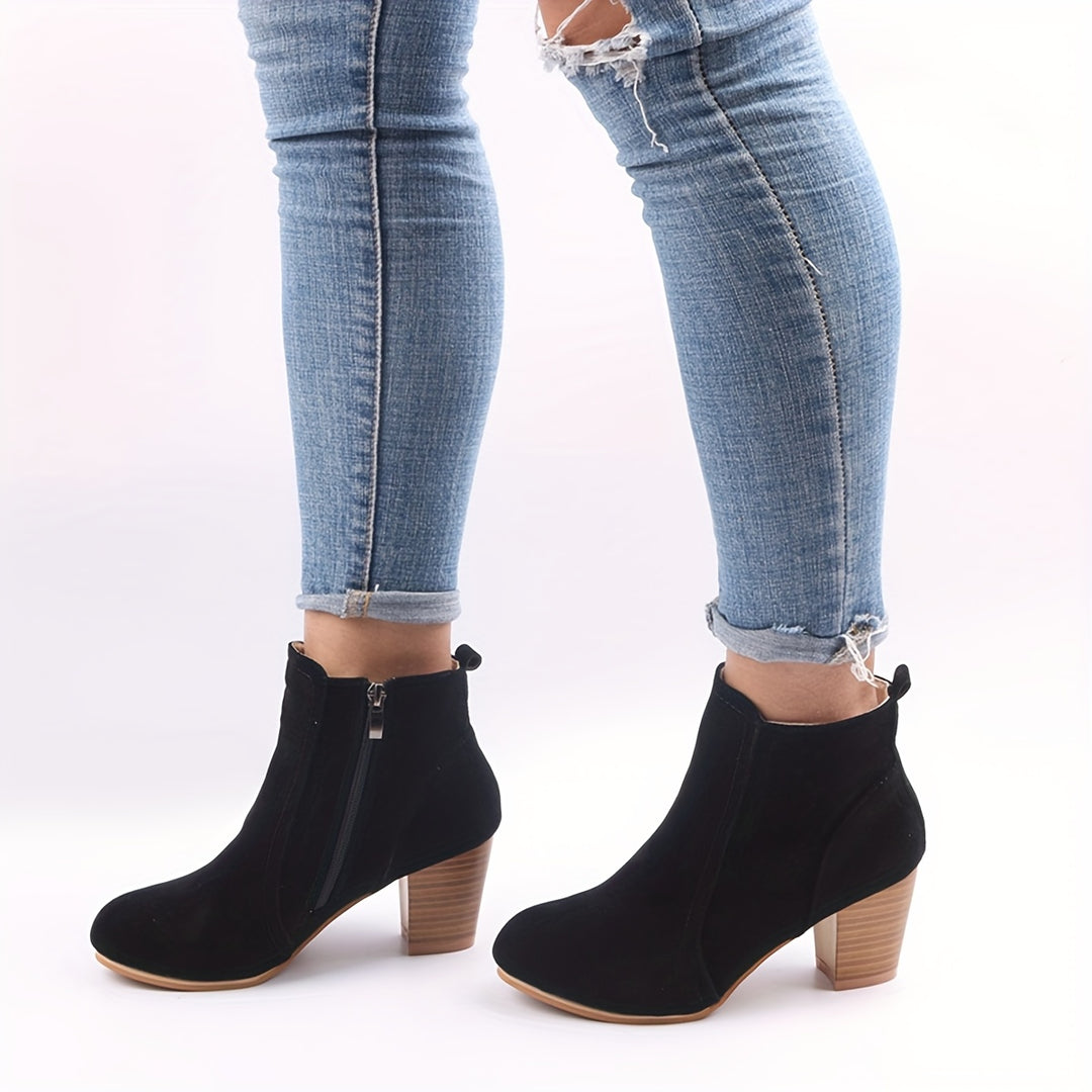 Women's High-Heel Ankle Boots with Round Toe and Side Zip