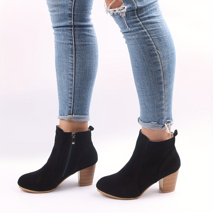 Women's High-Heel Ankle Boots with Round Toe and Side Zip