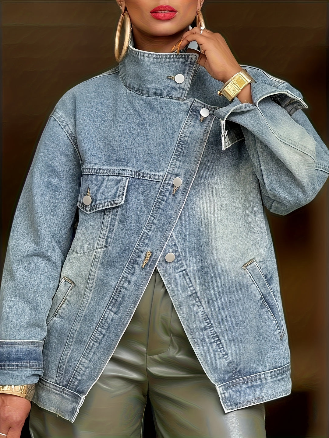 Women's Vintage High Neck Denim Jacket Loose Fit Longline Coat