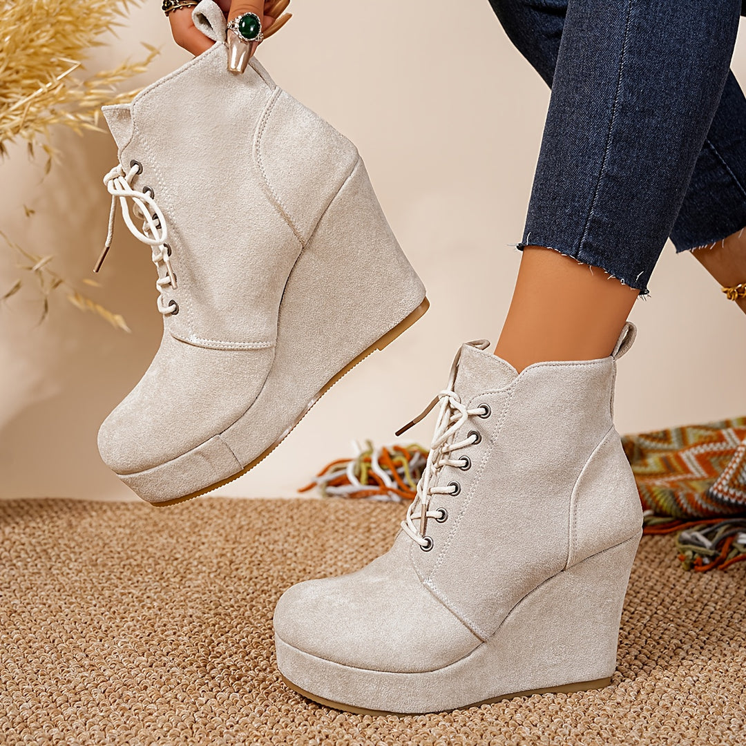 Women's Fashion Boots Round Toe Lace-Up Wedge Ankle Boots