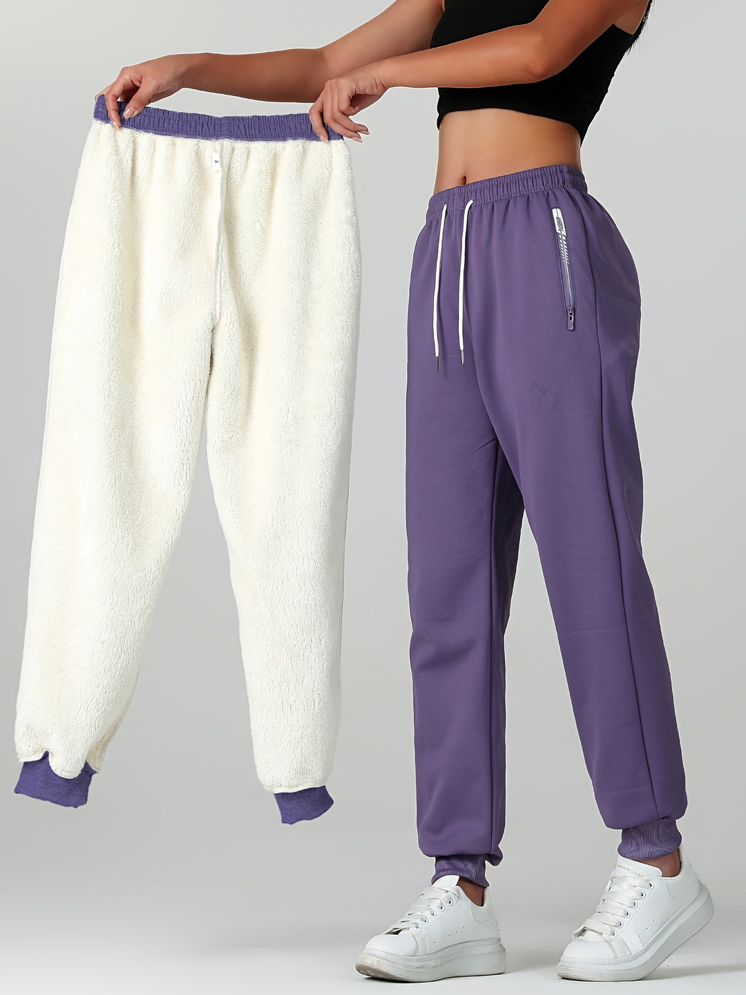 Women's Warm Casual Joggers with Elastic Waistband and Zippered Pockets