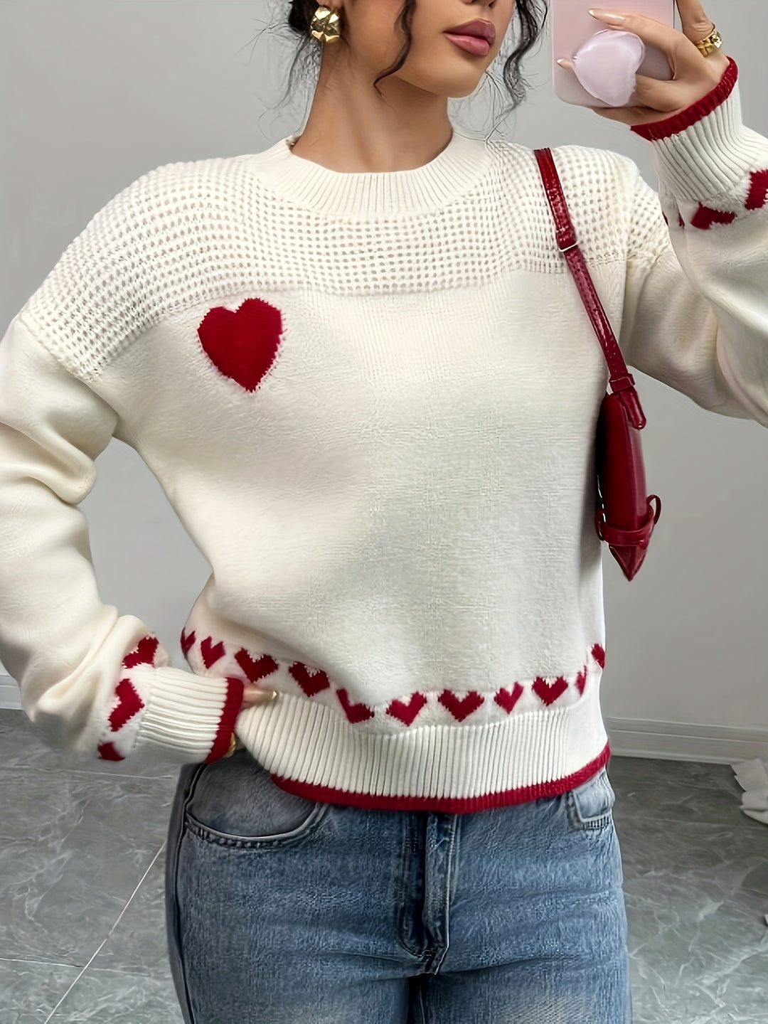 Women's Casual Heart Pattern Drop Shoulder Sweater