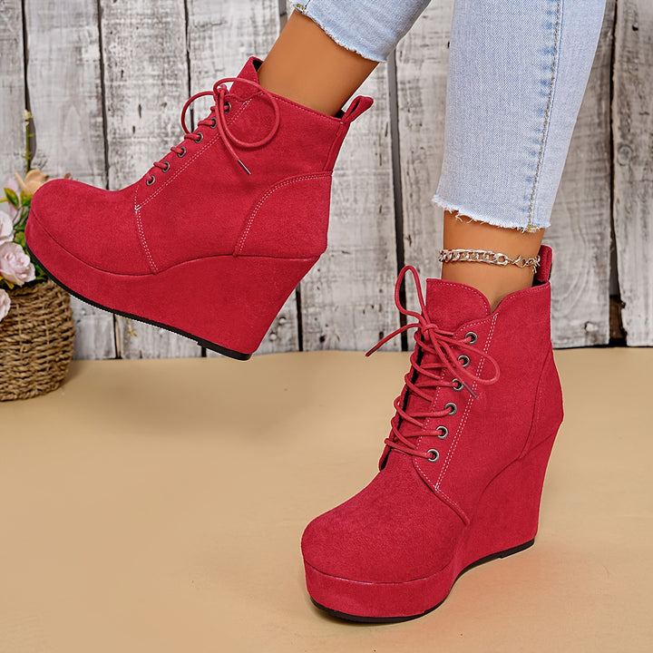 Women's Fashion Boots Round Toe Lace-Up Wedge Ankle Boots