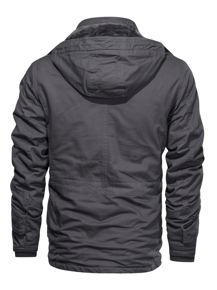Men's Mid-Length Heavyweight Jacket with Detachable Hood and Pockets