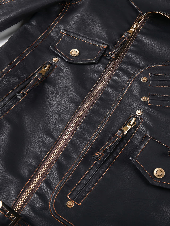 Men's Motorcycle Biker Jacket with Zipper Pockets and Adjustable Belt