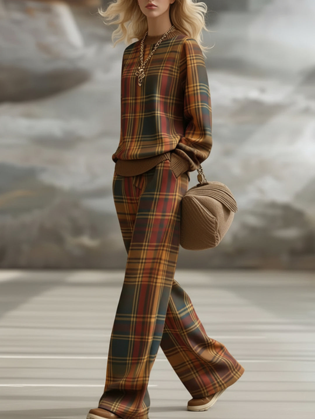 Vintage Plaid Wide-Leg Pants Set for Women