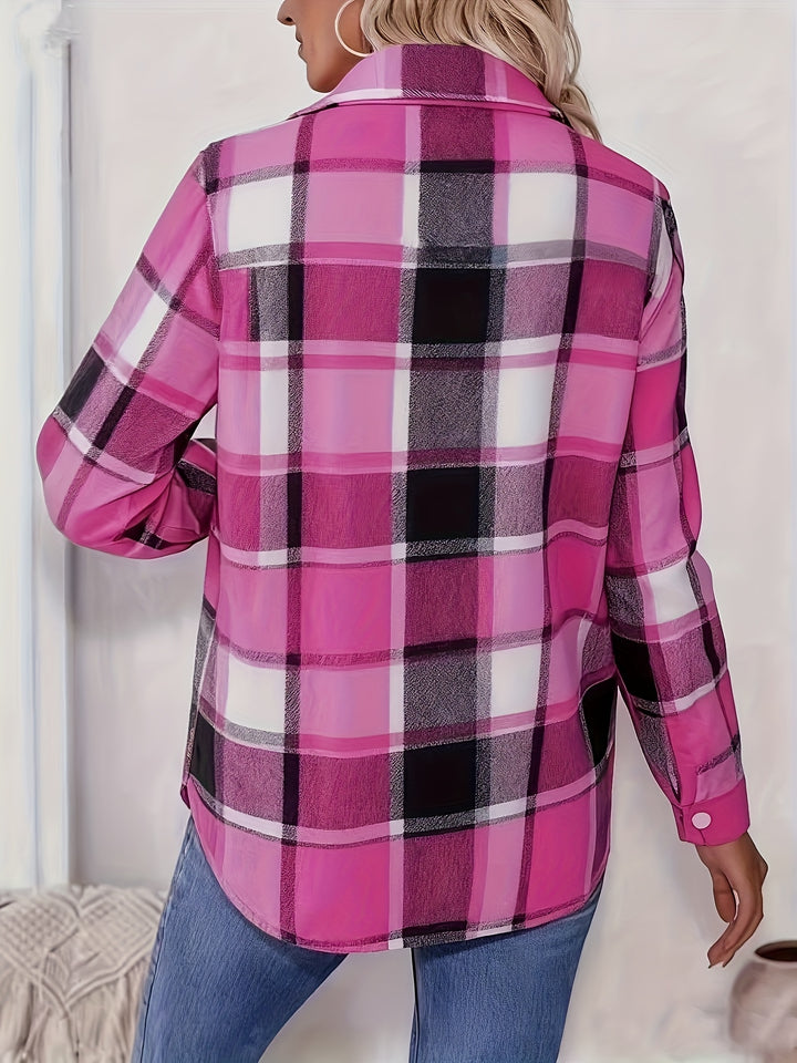 Women's Fleece-Lined Button-Up Shirt with Pockets Gingham Plaid