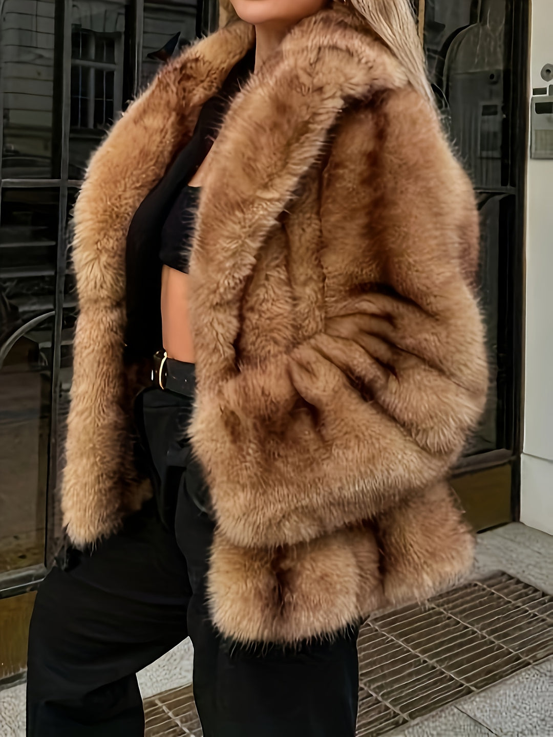 Ladies' Stylish Elegant Faux Coat with Long Sleeves and Open Front