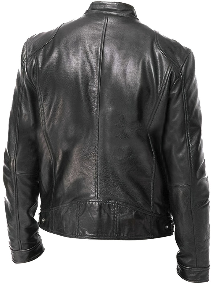 Men's Zip-Up Cardigan Multi-Pocket Motorcycle Jacket Leather Coat