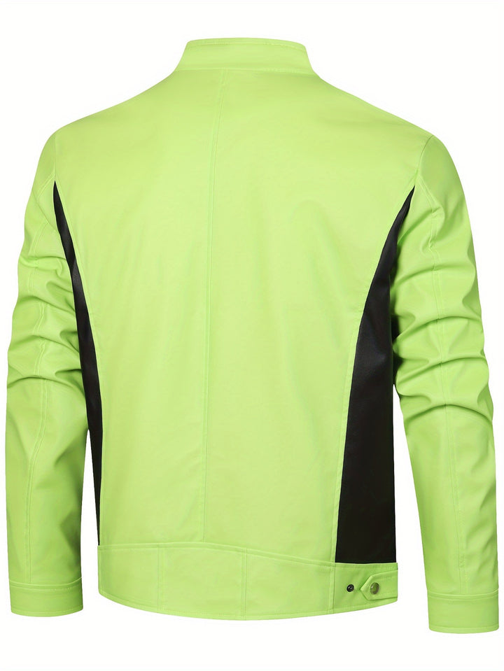 Men's PU Leather Motorcycle Jacket Stand-up Collar Windproof Outerwear