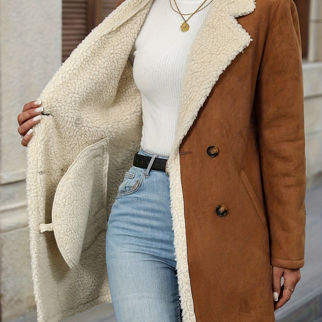 Long-Sleeve Double-Breasted Coat for Women with Flap Pockets