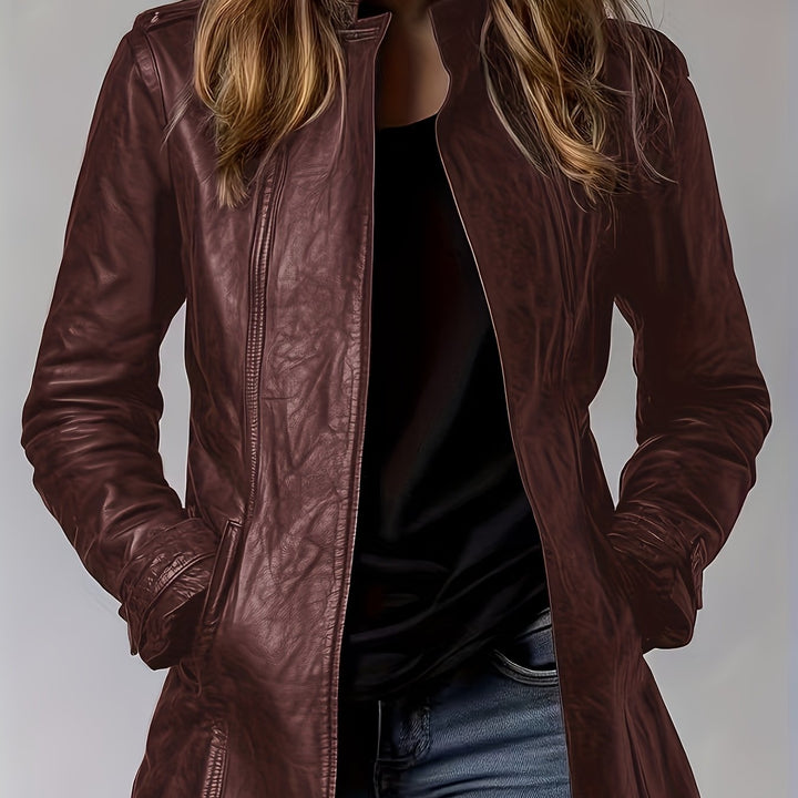 Women's Retro Motorcycle Jacket Elegant Vintage Blazer Mid-Length Coat
