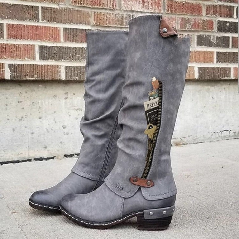 Trendy Women's Knee-High Boots with Block Heel and Round Toe