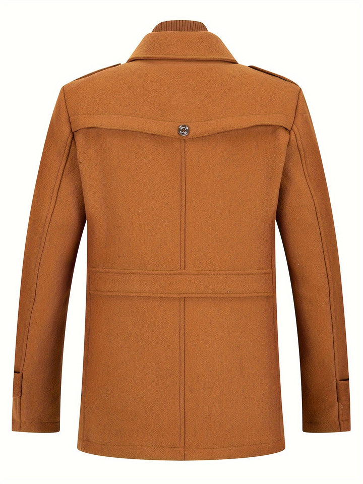 Men's Stand Collar Fleece Blend Pea Coat Single Breasted Overcoat