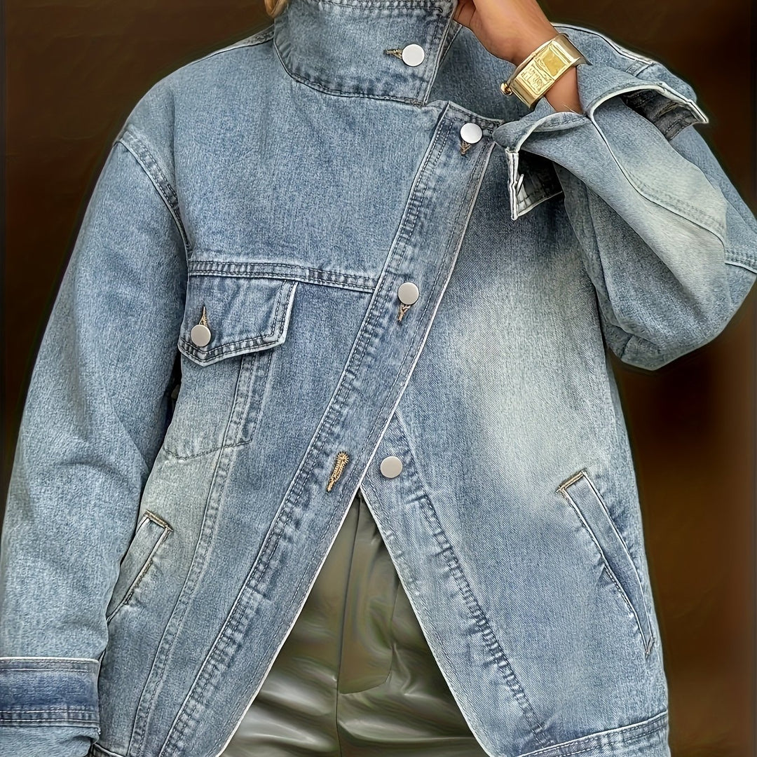 Women's Vintage High Neck Denim Jacket Loose Fit Longline Coat