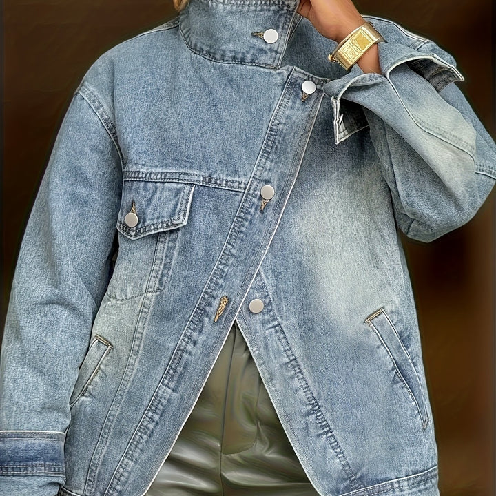 Women's Vintage High Neck Denim Jacket Loose Fit Longline Coat
