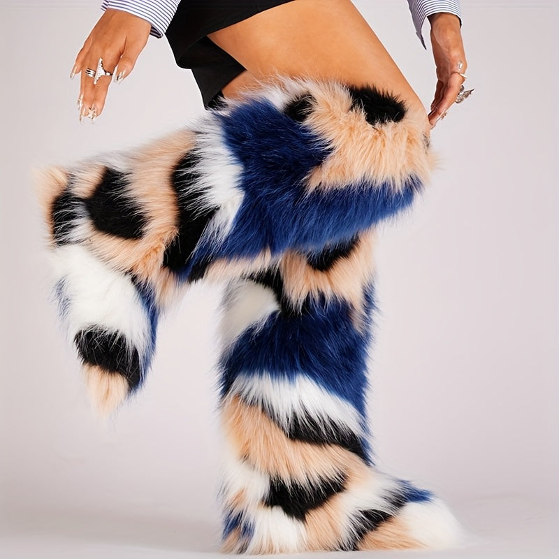 Knee-High Faux Fur Winter Boots for Women with Flat Heel and Round Toe