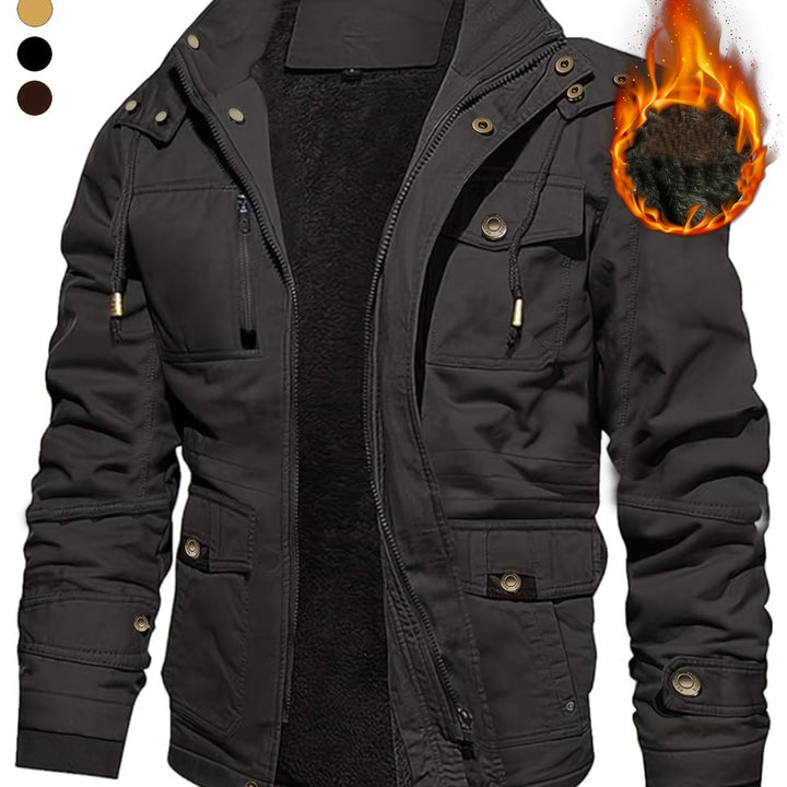 Men's Mid-Length Heavyweight Jacket with Detachable Hood and Pockets