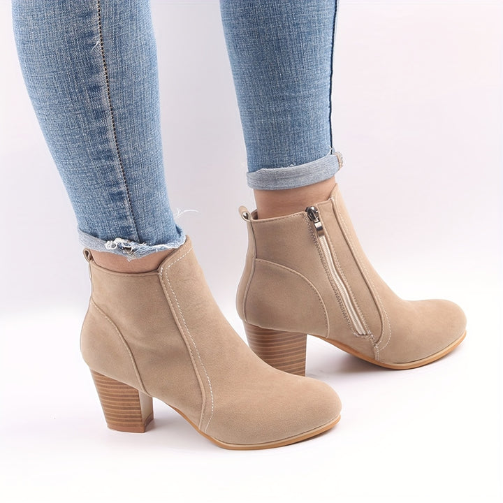Women's High-Heel Ankle Boots with Round Toe and Side Zip