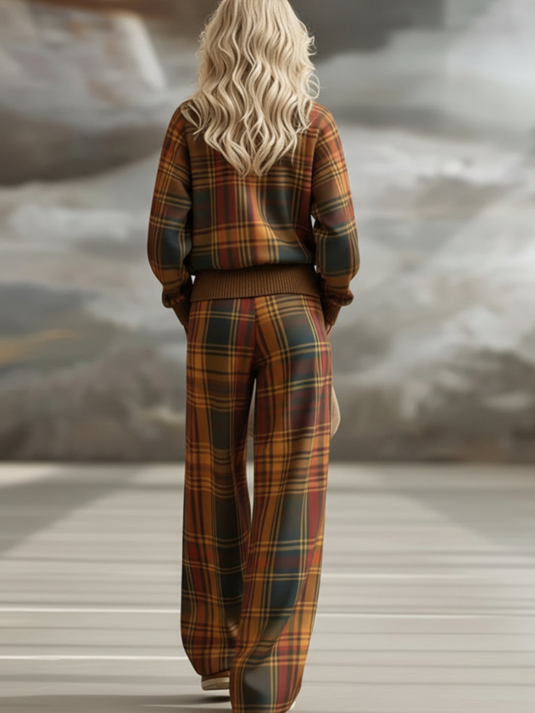 Vintage Plaid Wide-Leg Pants Set for Women