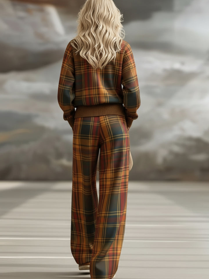 Vintage Plaid Wide-Leg Pants Set for Women