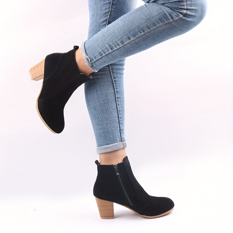 Women's High-Heel Ankle Boots with Round Toe and Side Zip