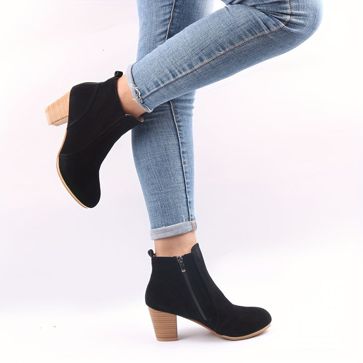 Women's High-Heel Ankle Boots with Round Toe and Side Zip