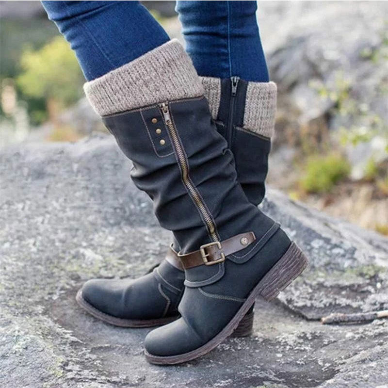 Women's Mid-calf Riding Boots with Chunky Heels and Fleece Lining
