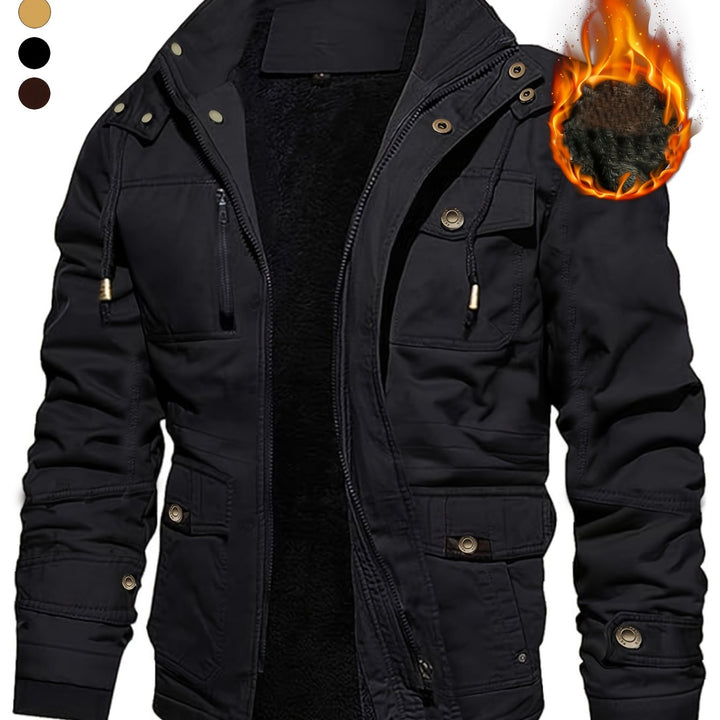 Men's Mid-Length Heavyweight Jacket with Detachable Hood and Pockets