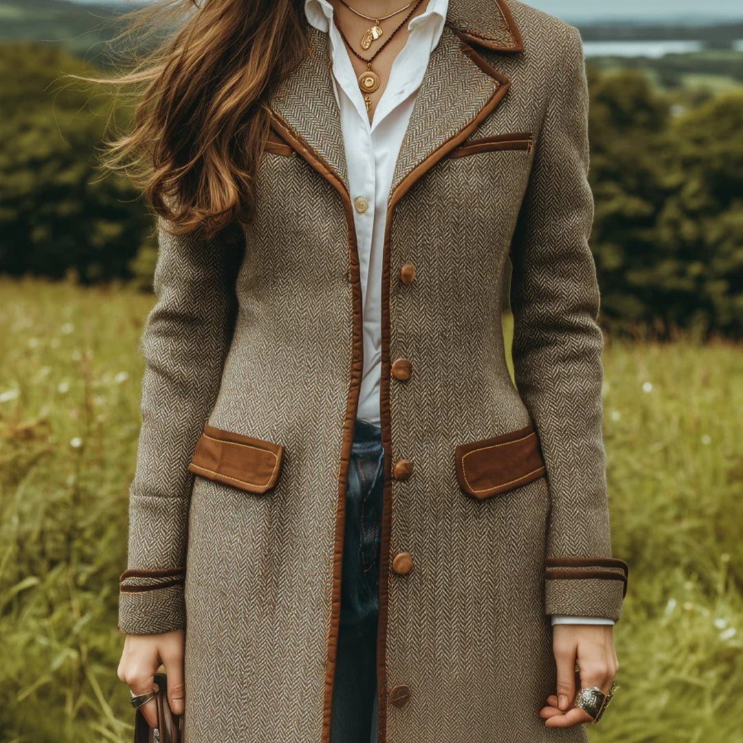 Women's Herringbone Patchwork Coat Jacket with Belt Button Closure