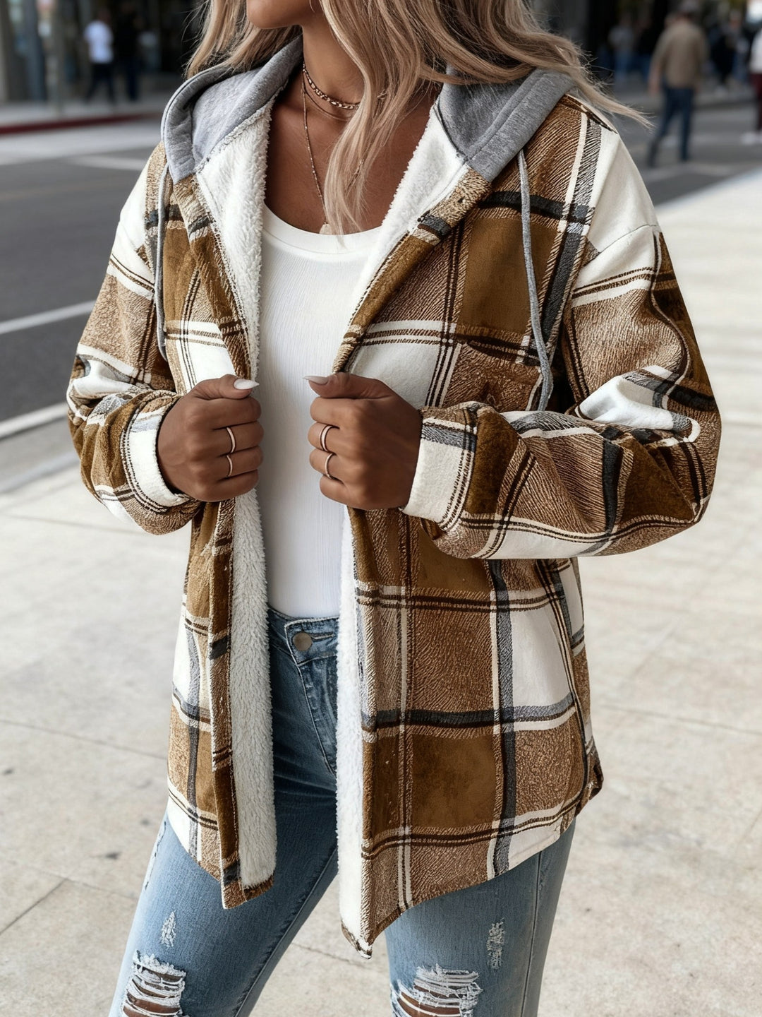 Women's Plaid Hooded Jacket with Lining Button-Front Closure