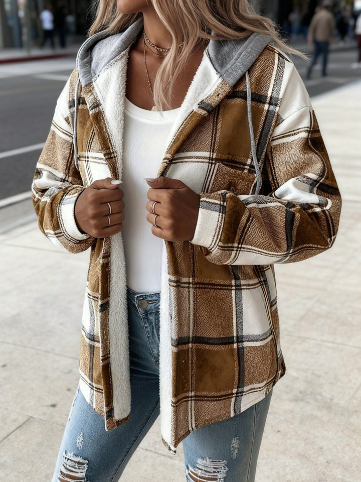 Women's Plaid Hooded Jacket with Lining Button-Front Closure