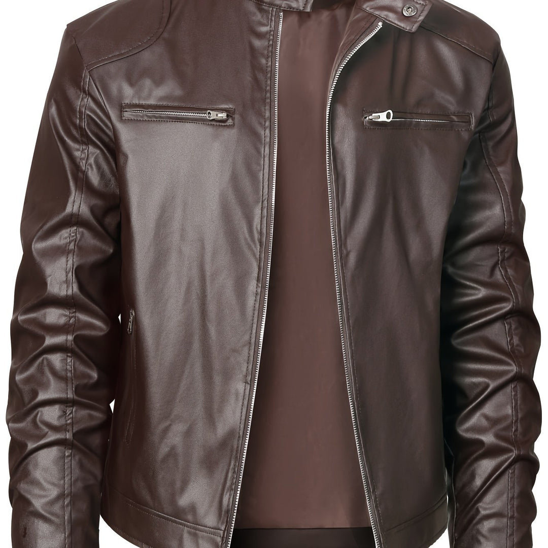 Men's PU Leather Motorcycle Jacket Stand-up Collar Windproof Outerwear