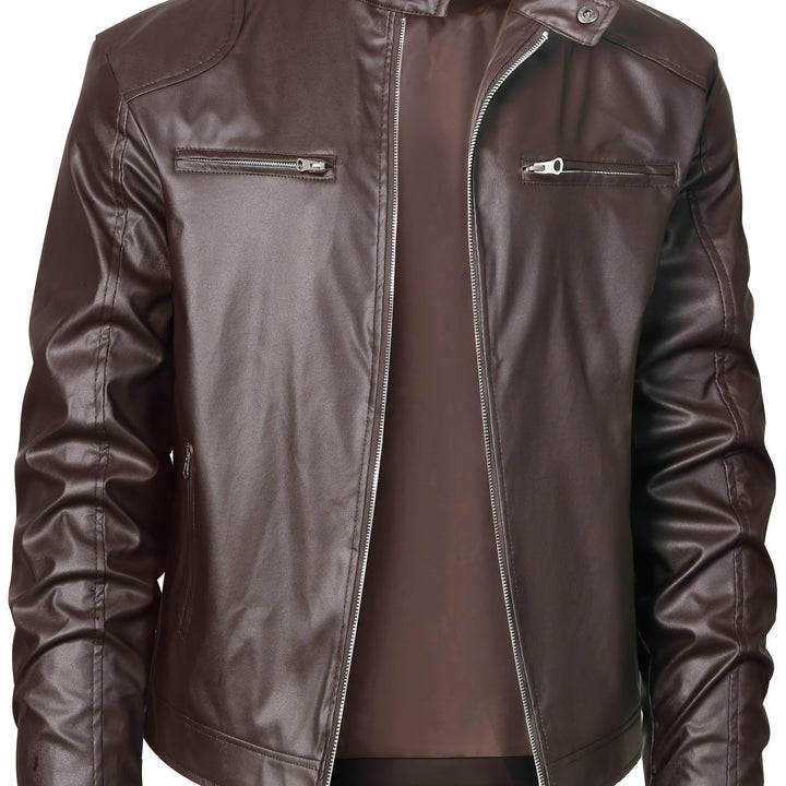 Men's PU Leather Motorcycle Jacket Stand-up Collar Windproof Outerwear