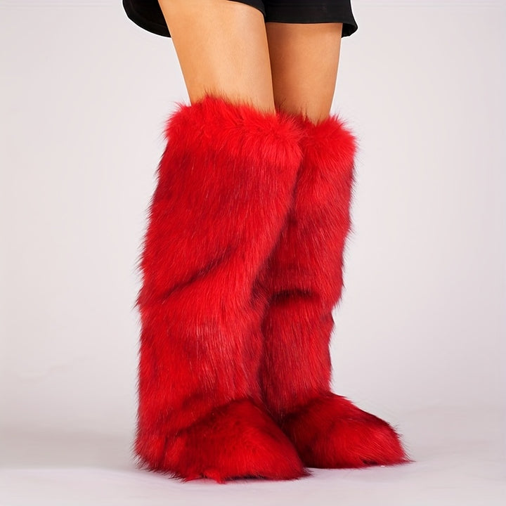 Knee-High Faux Fur Winter Boots for Women with Flat Heel and Round Toe