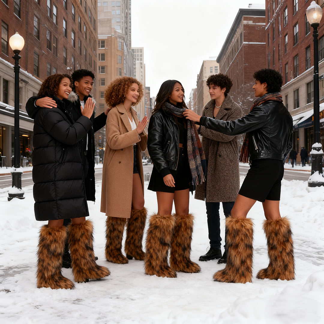 Knee-High Faux Fur Winter Boots for Women with Flat Heel and Round Toe