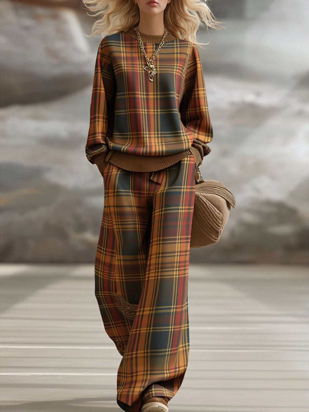 Vintage Plaid Wide-Leg Pants Set for Women