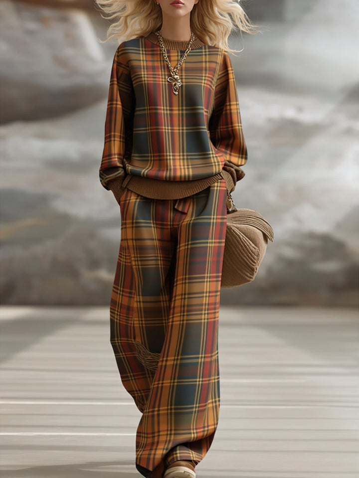 Vintage Plaid Wide-Leg Pants Set for Women