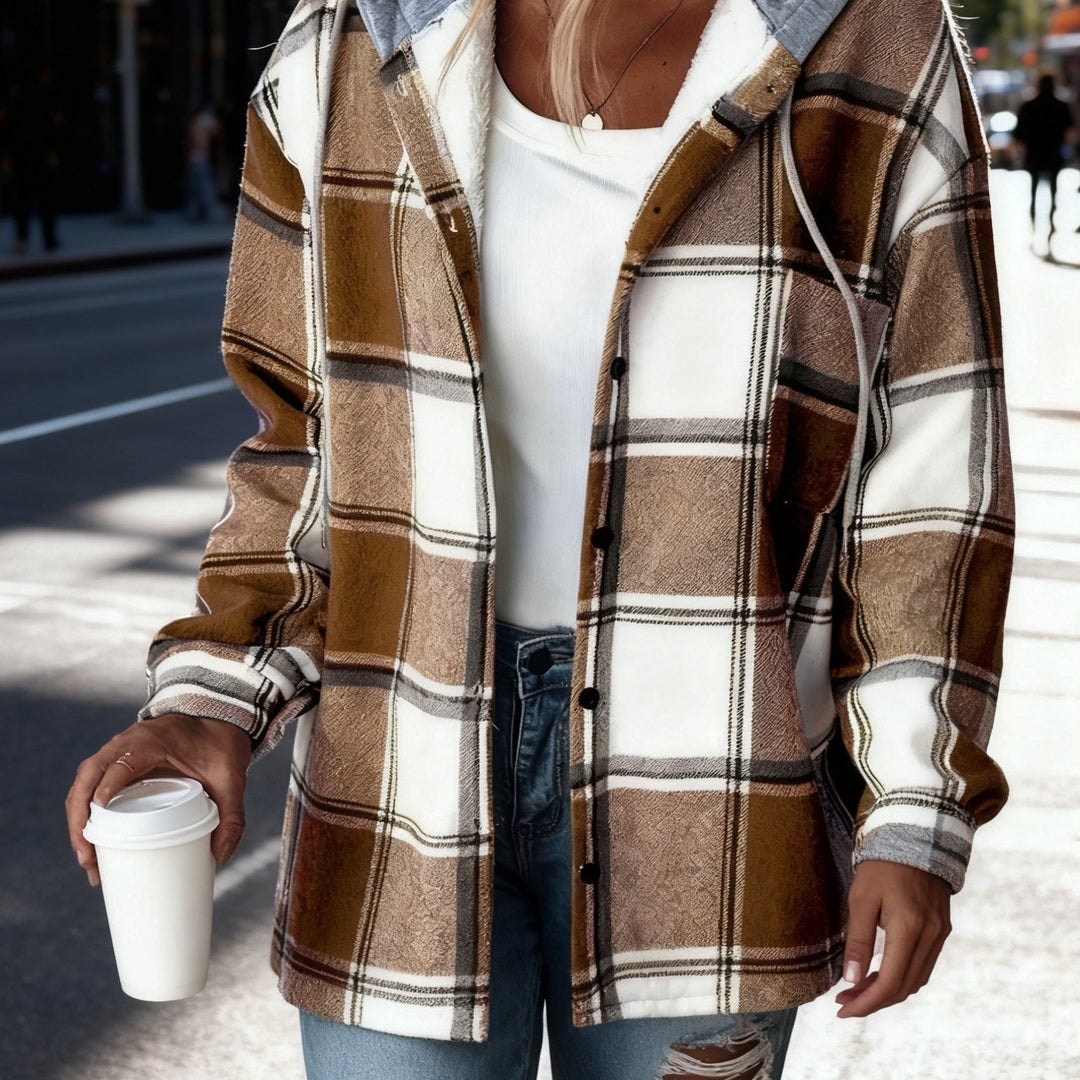 Women's Plaid Hooded Jacket with Lining Button-Front Closure