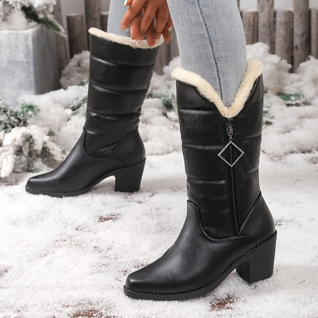 Women's Fashion Boots with Chunky Heel and Side Zipper