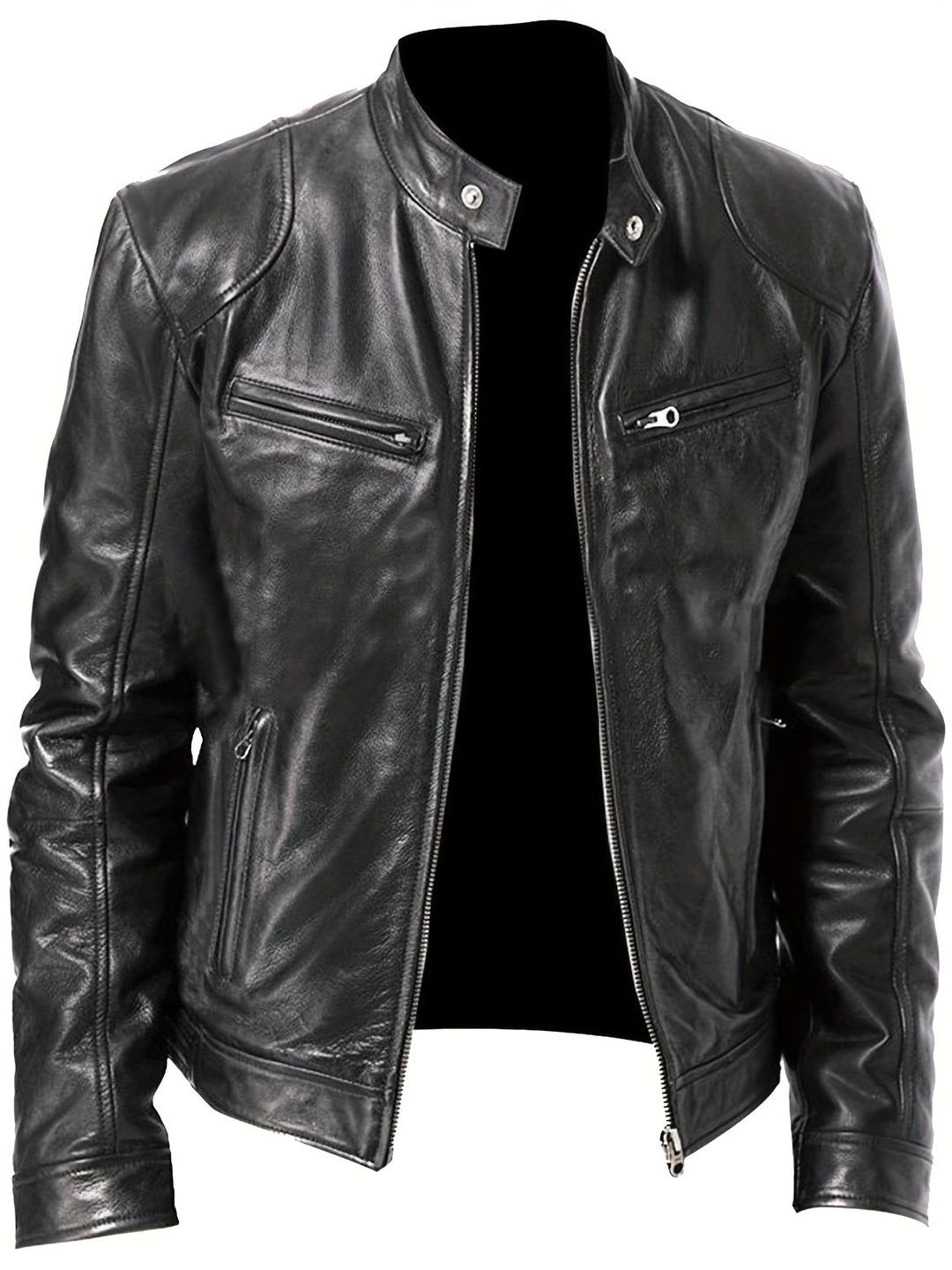 Men's Zip-Up Cardigan Multi-Pocket Motorcycle Jacket Leather Coat