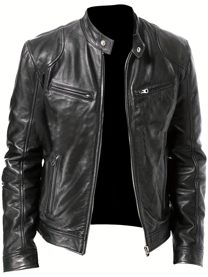 Men's Zip-Up Cardigan Multi-Pocket Motorcycle Jacket Leather Coat