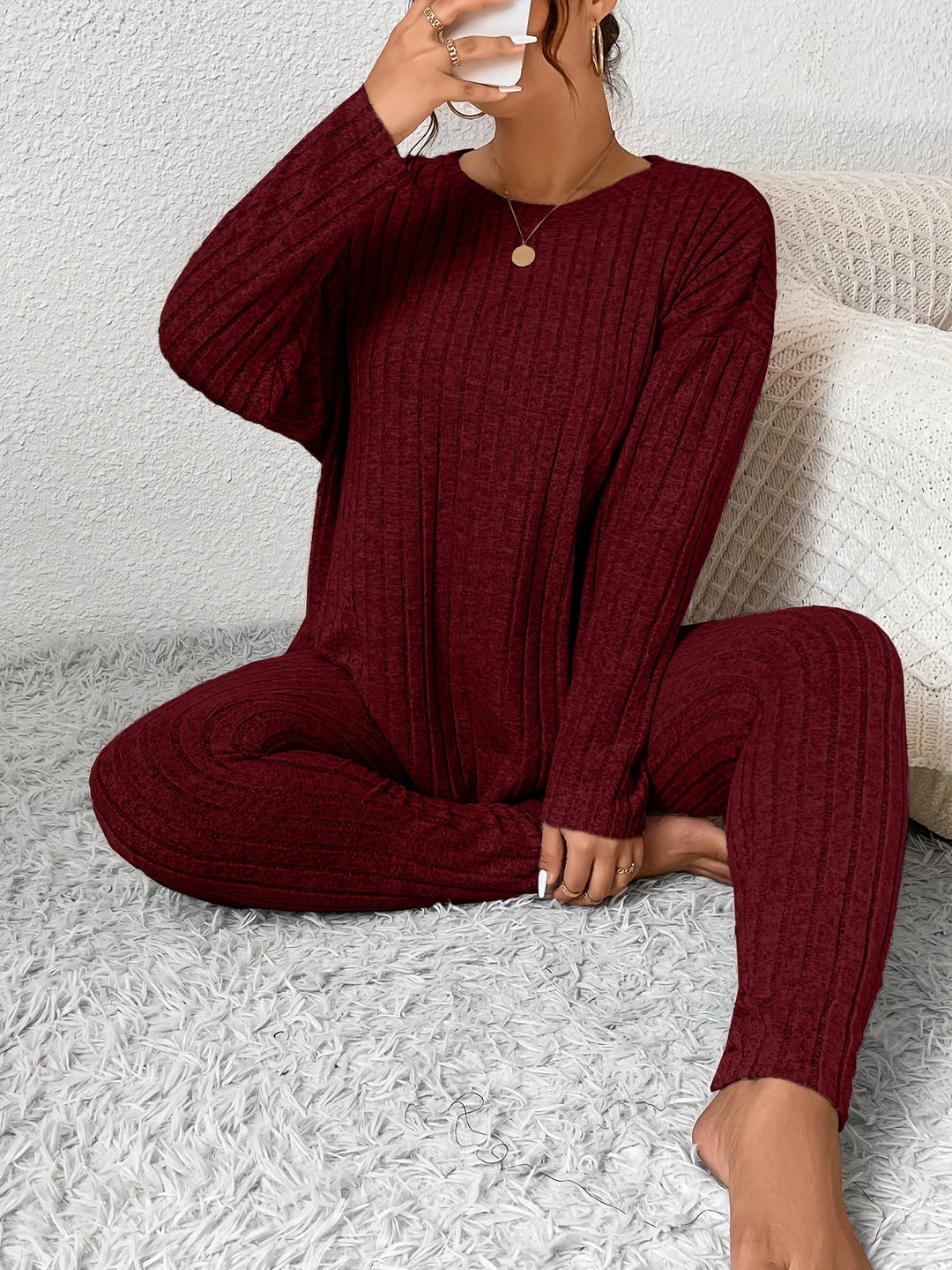 Women's Casual Commuting Outfit Long-Length Set Ribbed Texture